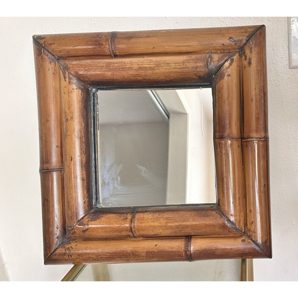 Vintage Faux Bamboo Wood Square Wall Mirror 16” Hollywood Regency MCM Decor